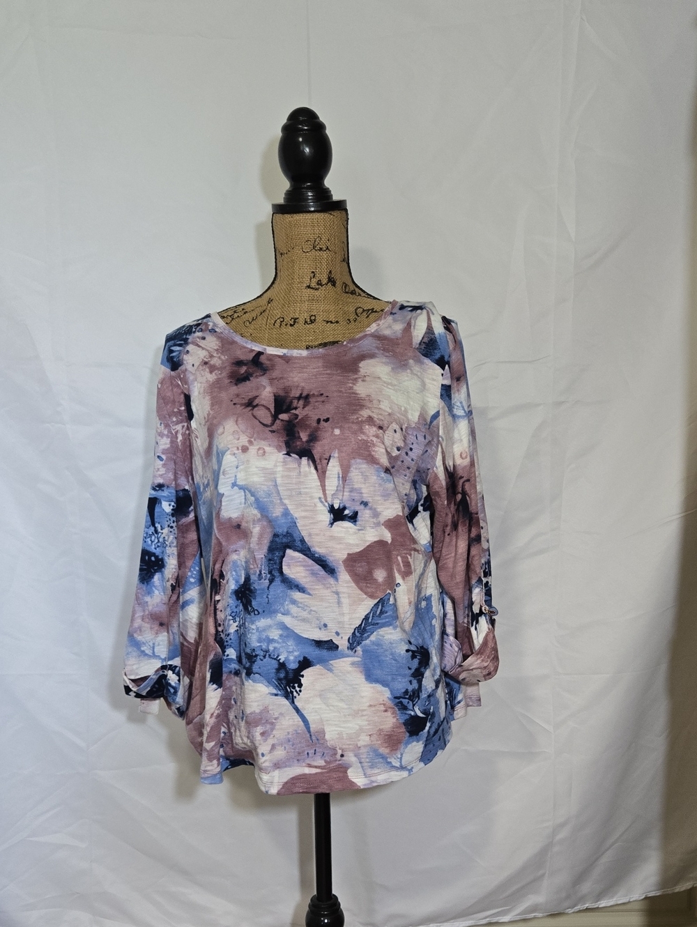 Chico's Women's Floral Watercolor Boatneck Top in Mauve and Blue